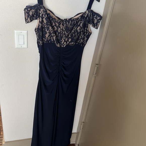 R & M Richards Navy blue floor length off the shoulder gown. - Picture 5 of 5
